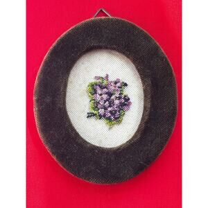 Miniature Oval Framed Needlepoint Vintage Velvet Frame Purple Cottagecore